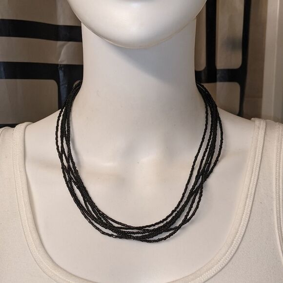 Vintage layered seed bead shiny necklace black 17" - Picture 1 of 8